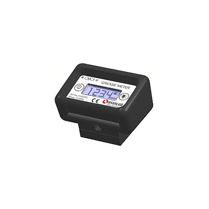 Digital grease meter with 1/8BSP female inlet and outlet for precise lubrication measurements.