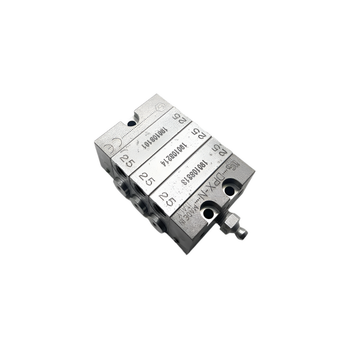  steel segmented grease divider with 6 outlets, used for grease distribution in complex lubrication setups